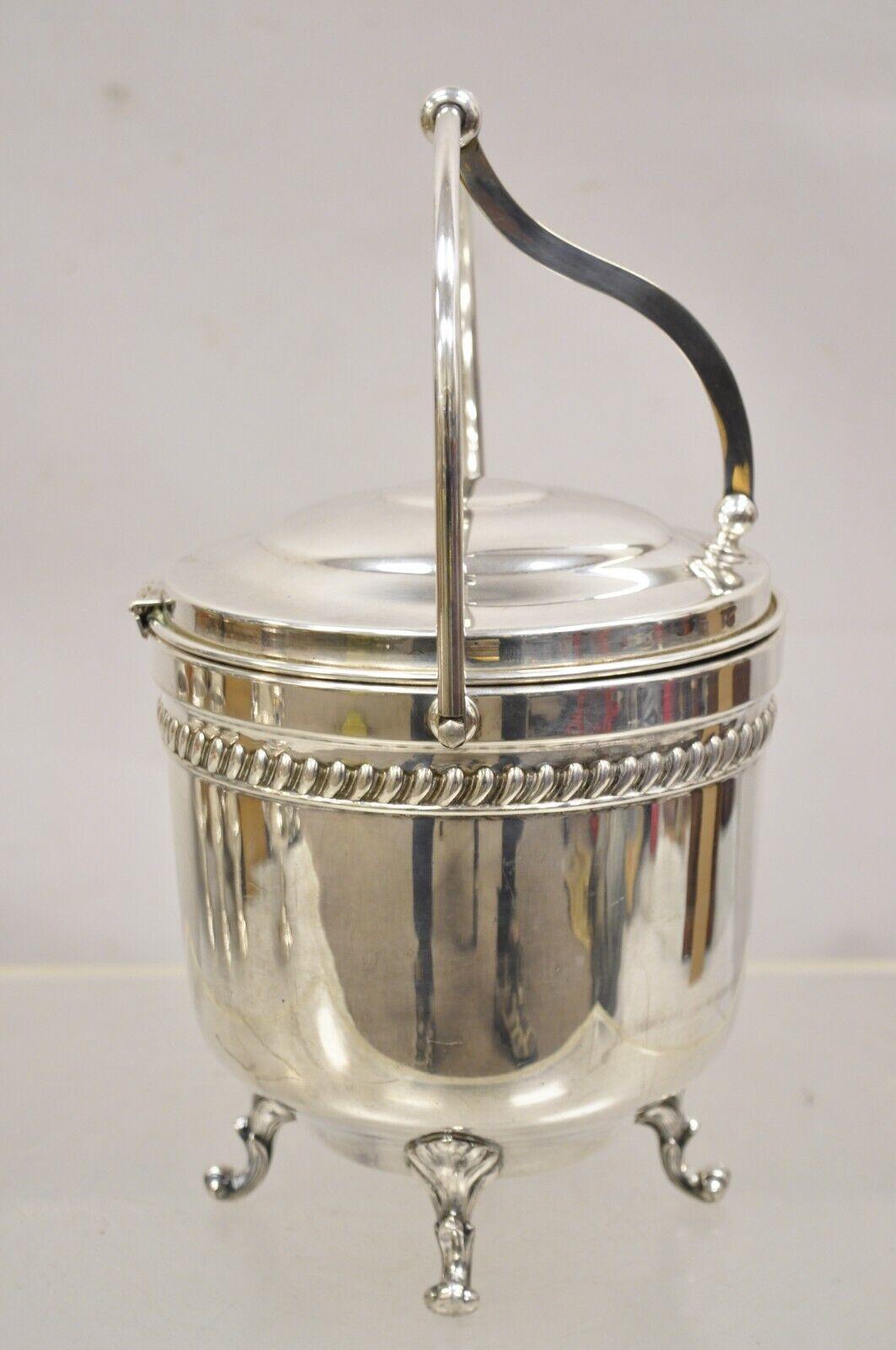 Modern Vtg English Sheffield Silver Plated Reticulated Hinged Handle Lidded Ice Bucket For Sale