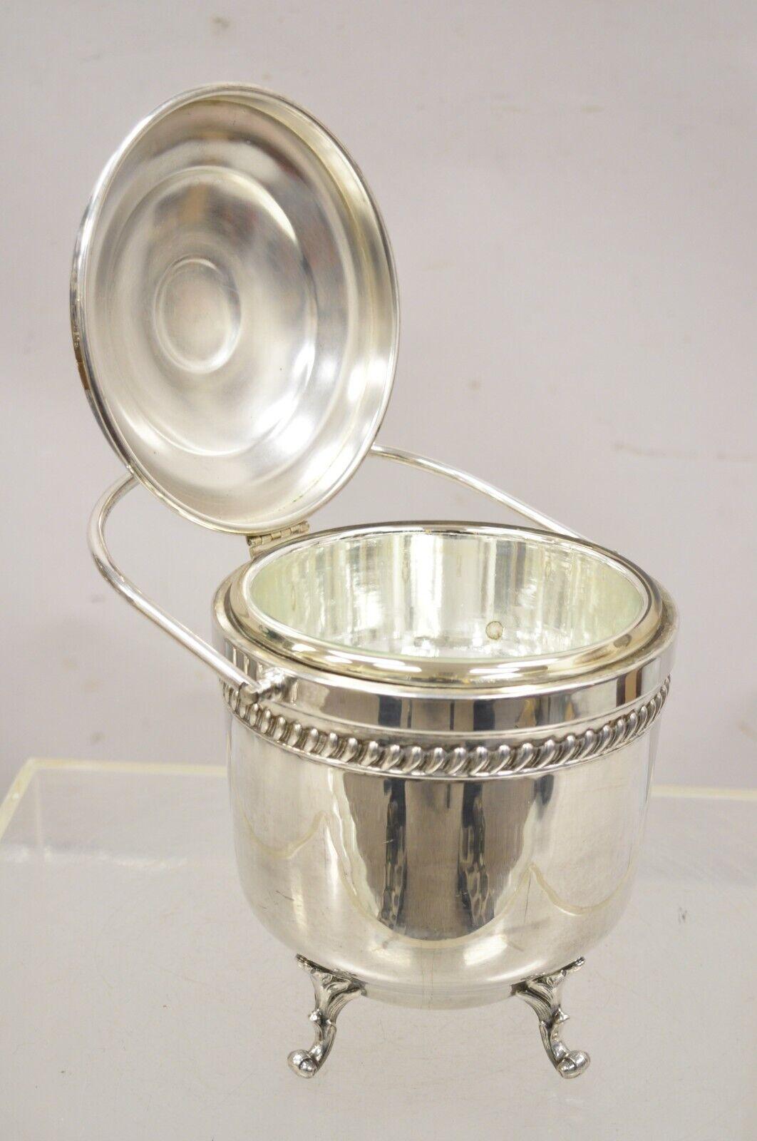 Vtg English Sheffield Silver Plated Reticulated Hinged Handle Lidded Ice Bucket In Good Condition For Sale In Philadelphia, PA