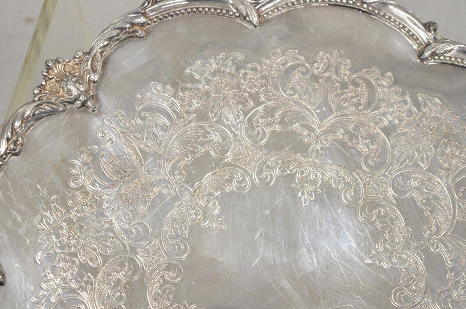 20th Century Vtg English Sheffield Victorian Silver Plated Round Footed Serving Platter Tray For Sale