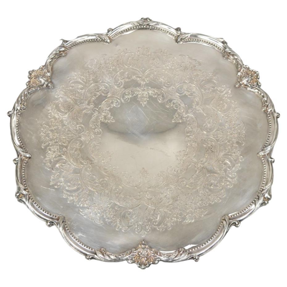 Vtg English Sheffield Victorian Silver Plated Round Footed Serving Platter Tray For Sale