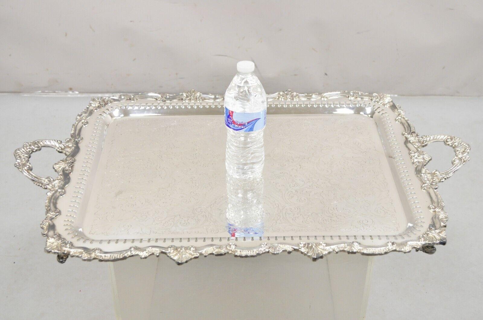 Vintage English Victorian Large Silver Plated Pierced Gallery Serving Platter Tray.  Circa Mid 20th Century. Measurements: 2