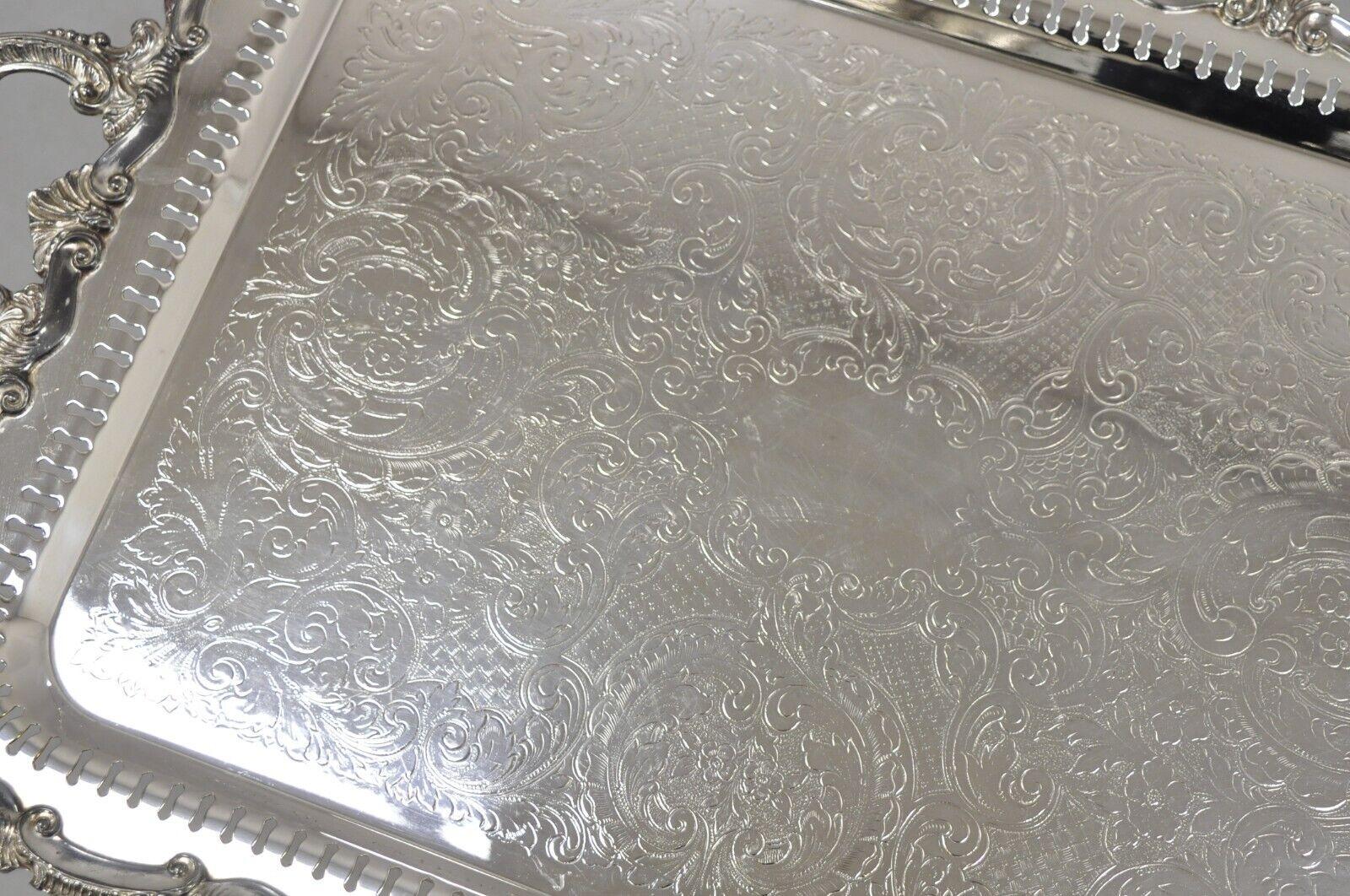 20th Century Vtg English Victorian Large Silver Plated Pierced Gallery Serving Platter Tray For Sale