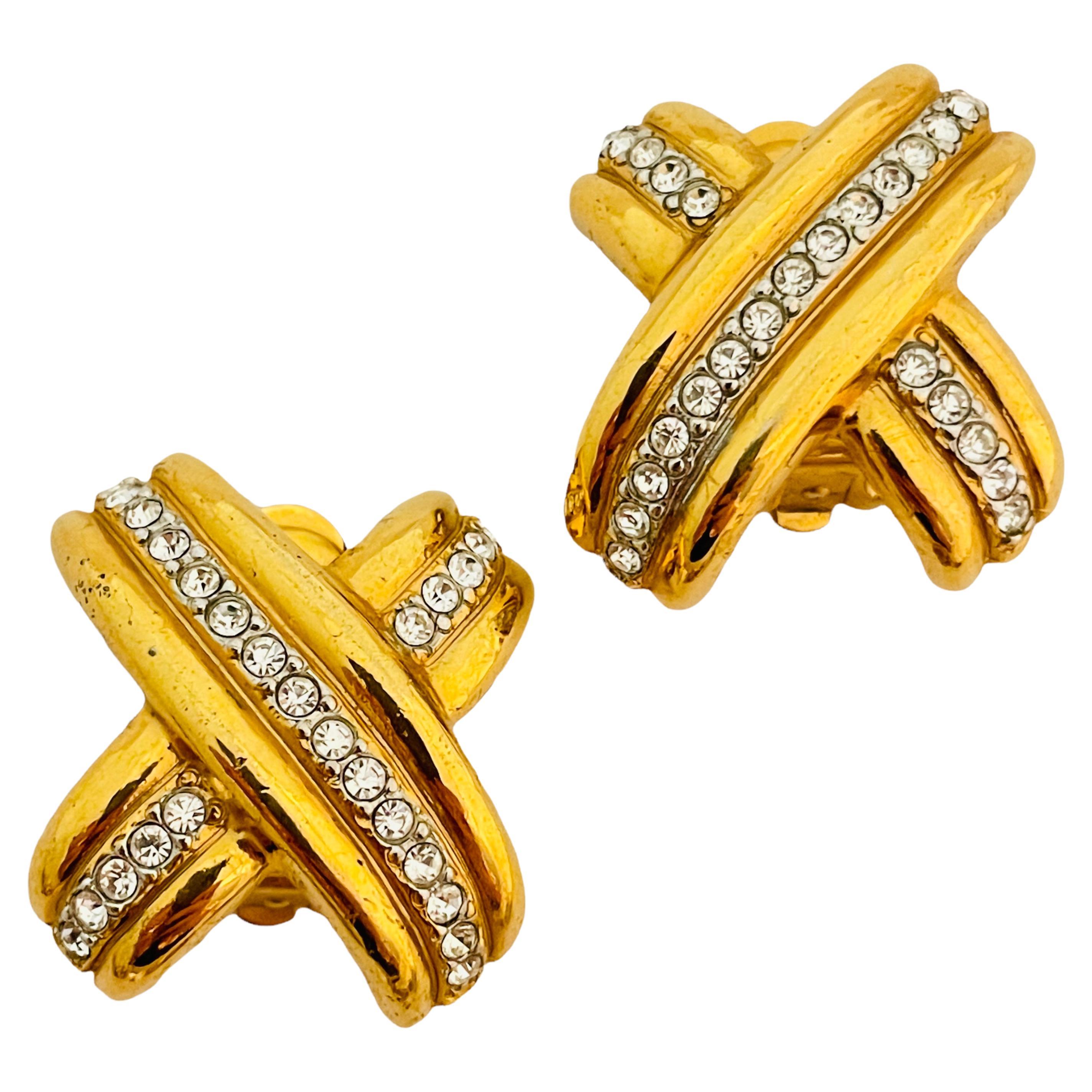 Vtg ESSEX gold rhinestone designer runway clip on earrings For Sale