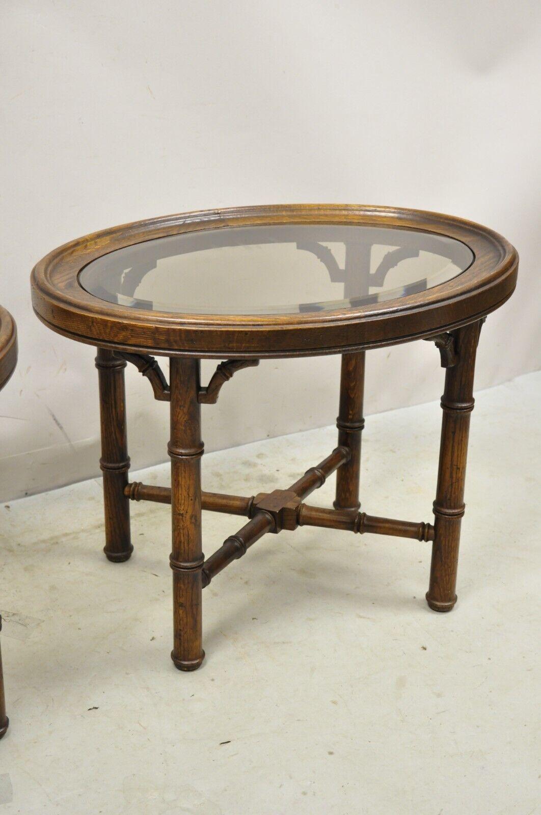Vtg Faux Bamboo Chinese Chippendale Style Oval Small Glass Top Side Table - Pair For Sale 2