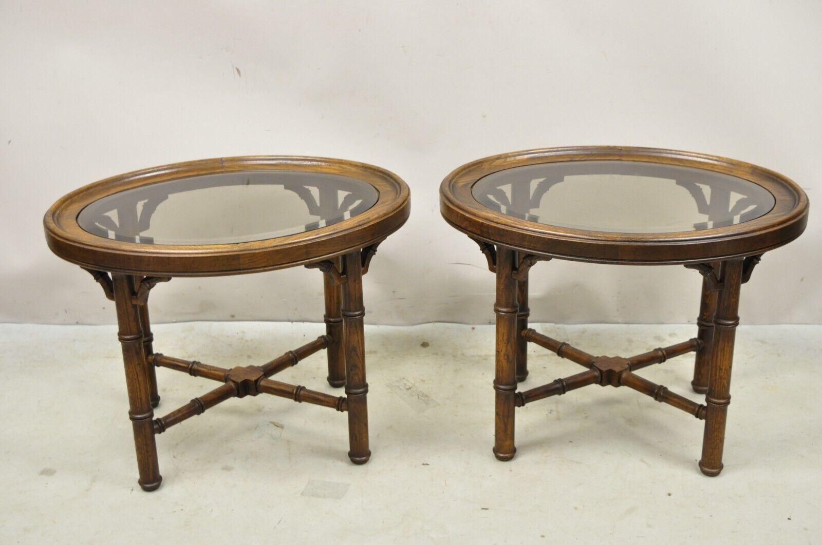 Vtg Faux Bamboo Chinese Chippendale Style Oval Small Glass Top Side Table - Pair For Sale 3