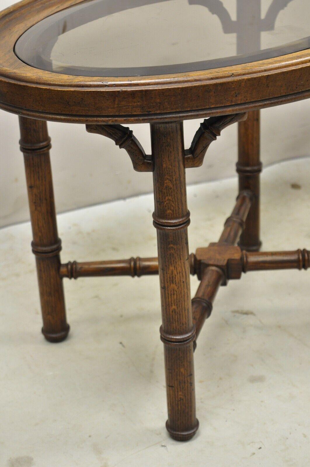 Vtg Faux Bamboo Chinese Chippendale Style Oval Small Glass Top Side Table - Pair For Sale 1