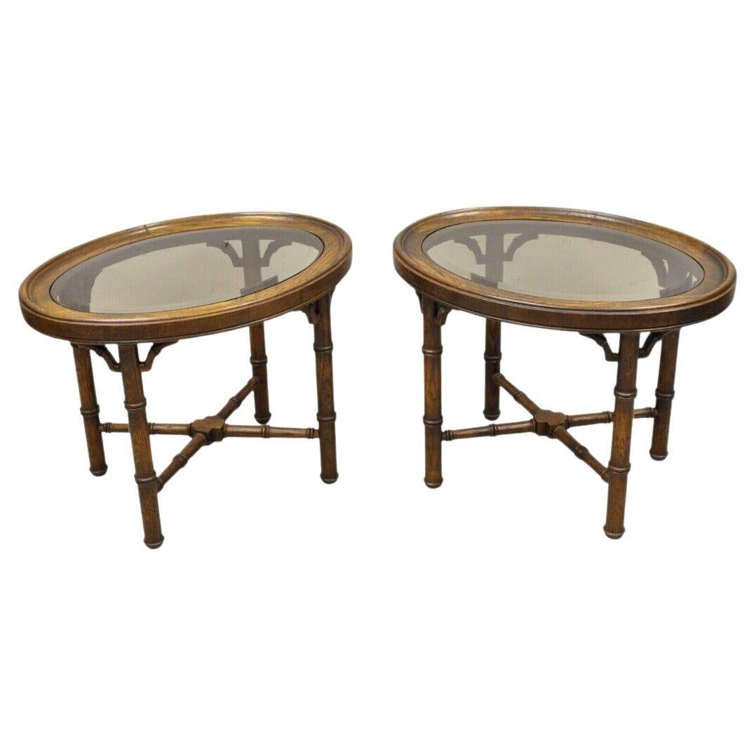 Vtg Faux Bamboo Chinese Chippendale Style Oval Small Glass Top Side Table - Pair For Sale