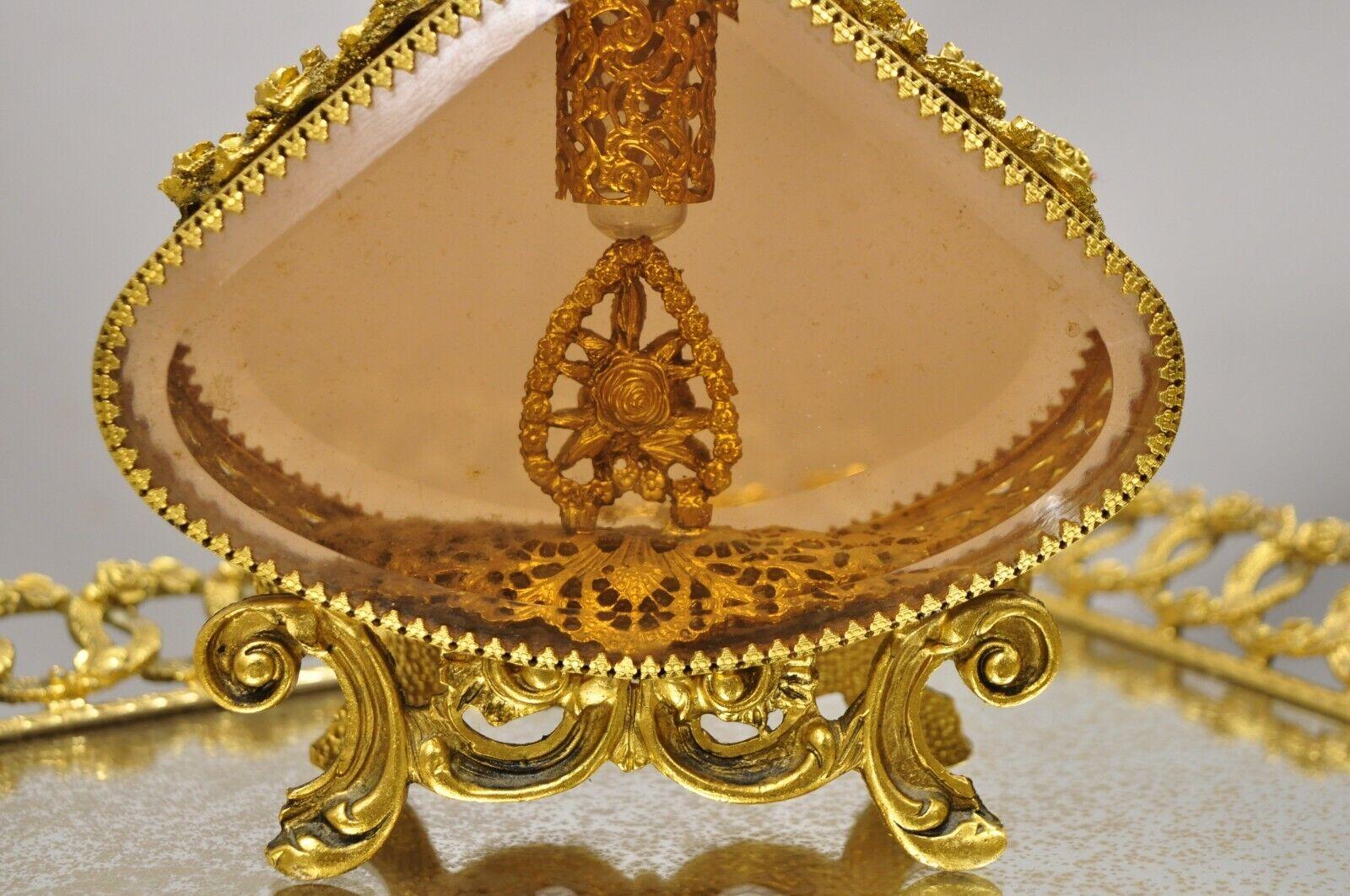 20th Century Vtg Filigree Gold French Vanity Set Perfume Bottles Clock Jewelry Box Tray 5 Pcs For Sale