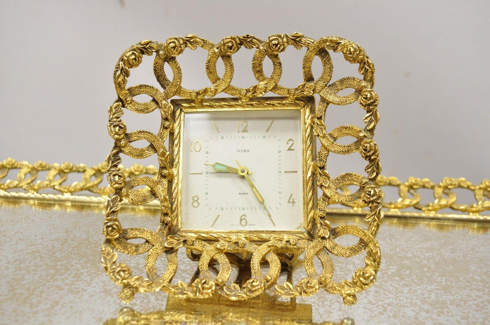 Metal Vtg Filigree Gold French Vanity Set Perfume Bottles Clock Jewelry Box Tray 5 Pcs For Sale