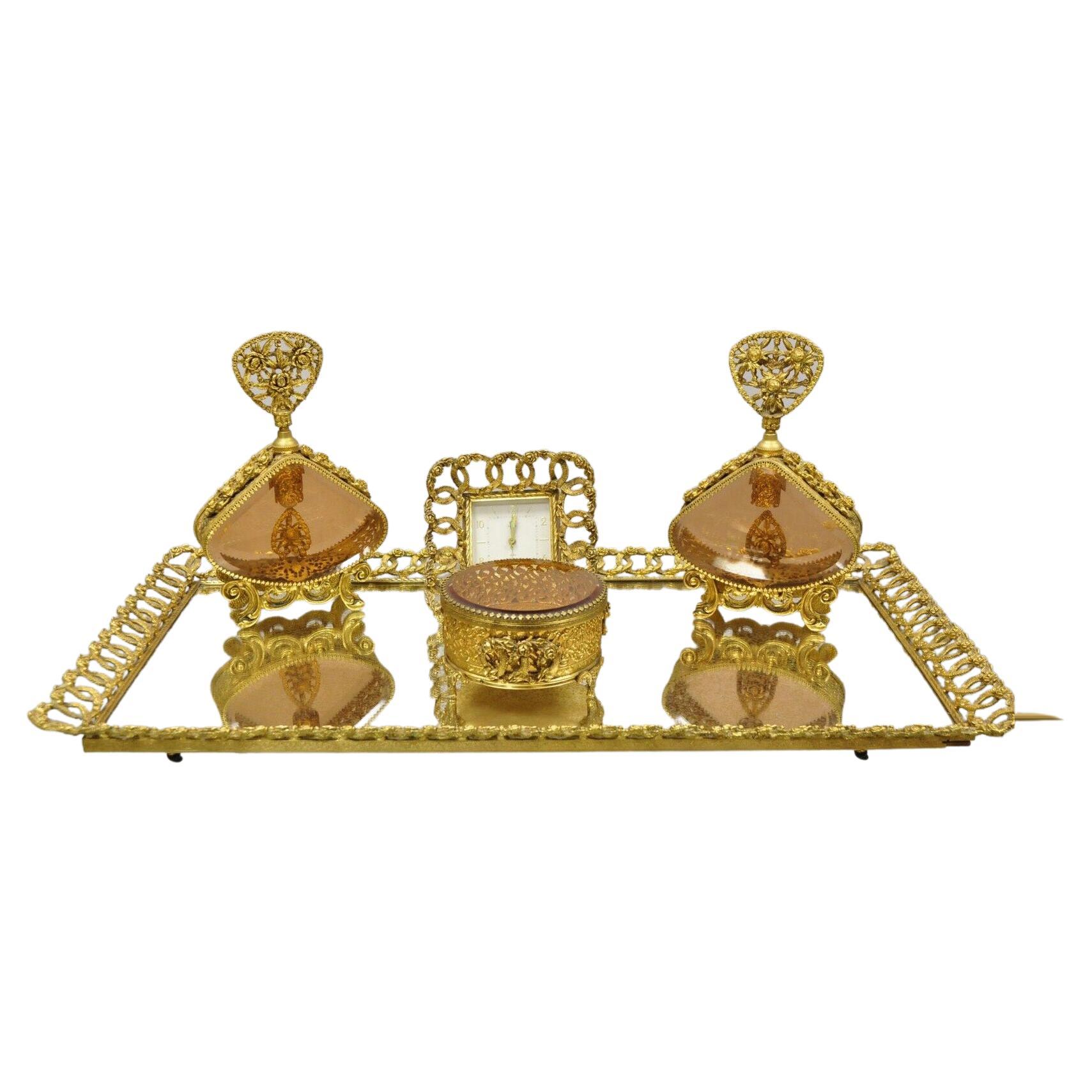 Vtg Filigree Gold French Vanity Set Perfume Bottles Clock Jewelry Box Tray 5 Pcs For Sale