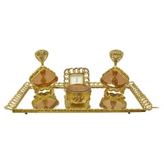Vintage Vtg Filigree Gold French Vanity Set Perfume Bottles Clock Jewelry Box Tray 5 Pcs