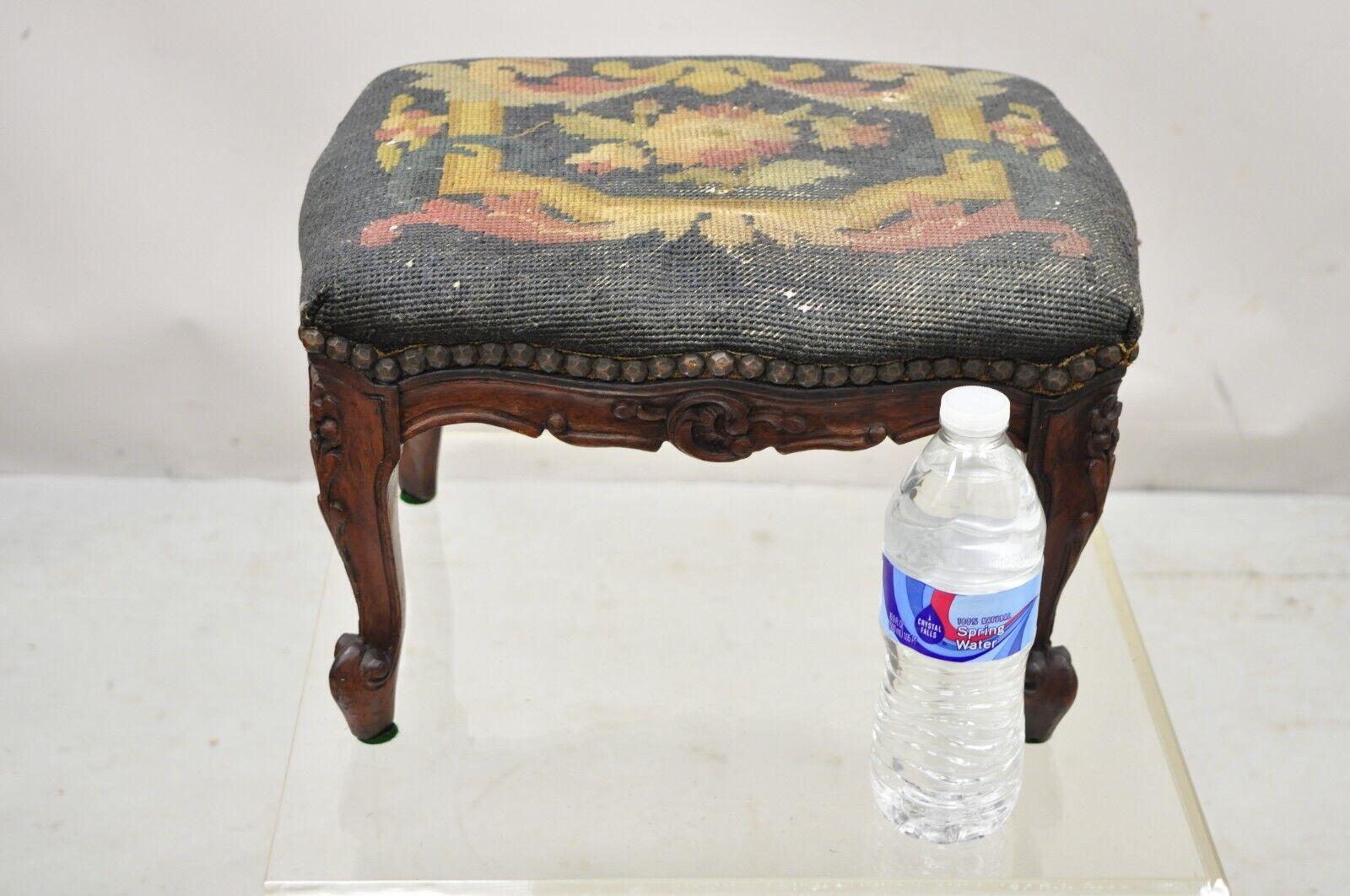 Vtg French Country Louis XV Style Carved Walnut Needlepoint Footstool Ottoman 6