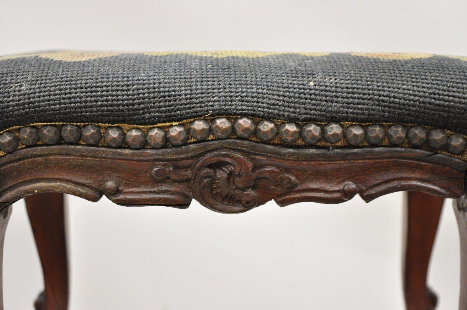 20th Century Vtg French Country Louis XV Style Carved Walnut Needlepoint Footstool Ottoman