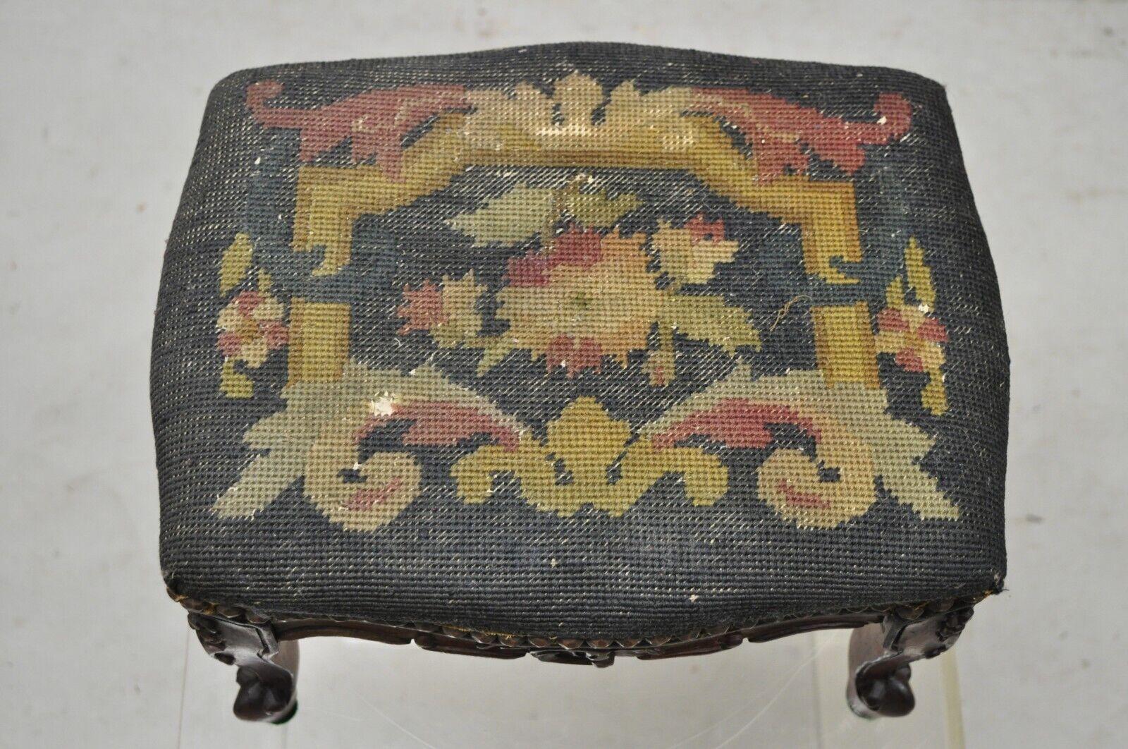 Vtg French Country Louis XV Style Carved Walnut Needlepoint Footstool Ottoman 1