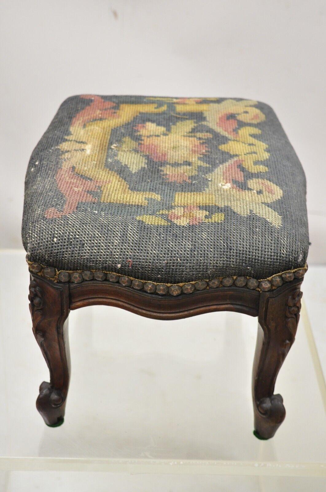 Vtg French Country Louis XV Style Carved Walnut Needlepoint Footstool Ottoman 3