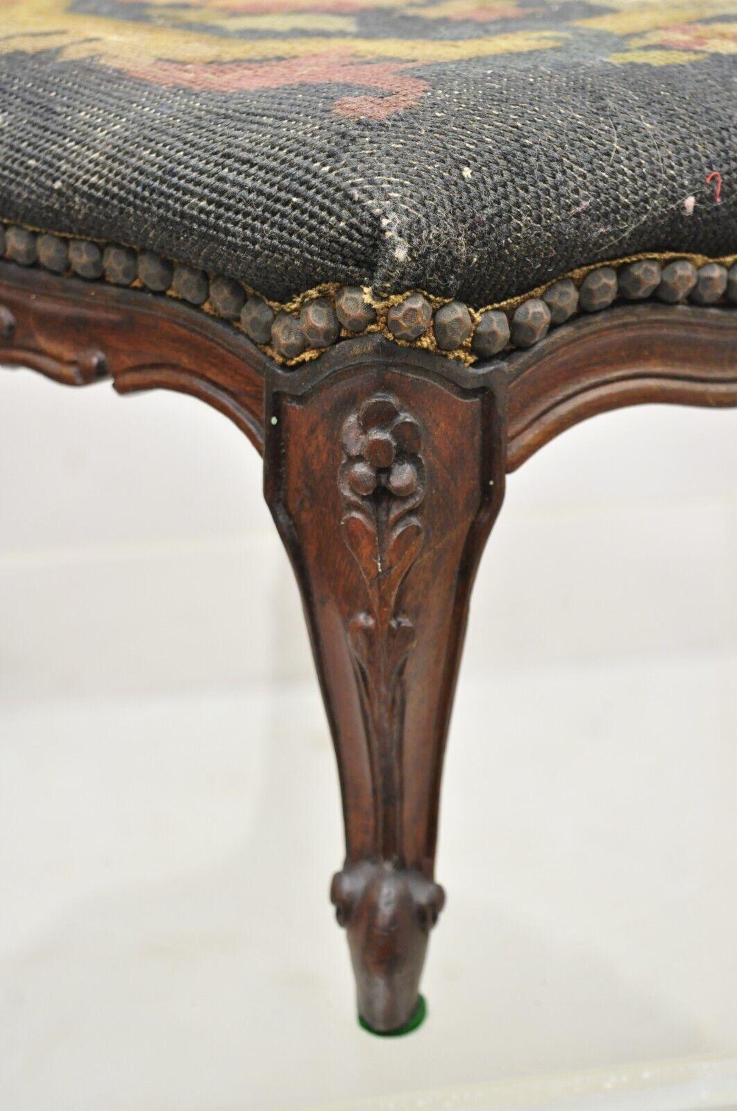 Vtg French Country Louis XV Style Carved Walnut Needlepoint Footstool Ottoman 4