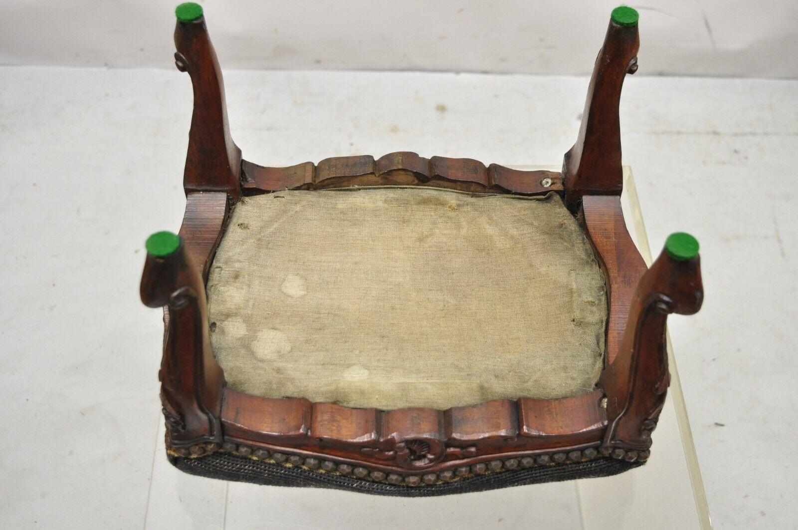 Vtg French Country Louis XV Style Carved Walnut Needlepoint Footstool Ottoman 5