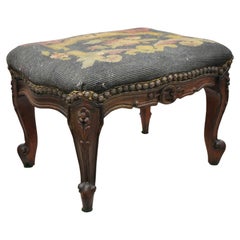 Vtg French Country Louis XV Style Carved Walnut Needlepoint Footstool Ottoman