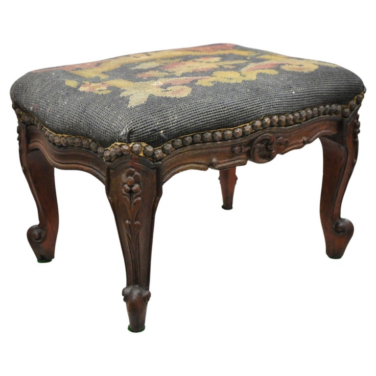 Antique Jacobean Mahogany Round Small Footstool Ottoman with Turn Carved  Legs at 1stDibs