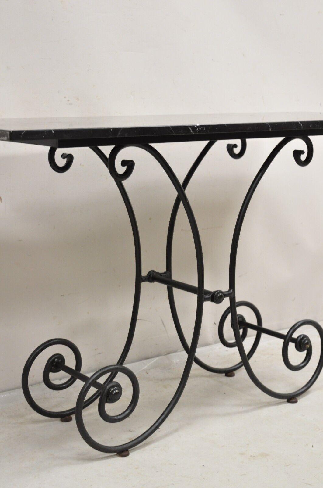 French Provincial Vtg French Country Pastry Style Wrought Iron Marble Top Baker's Console Table For Sale