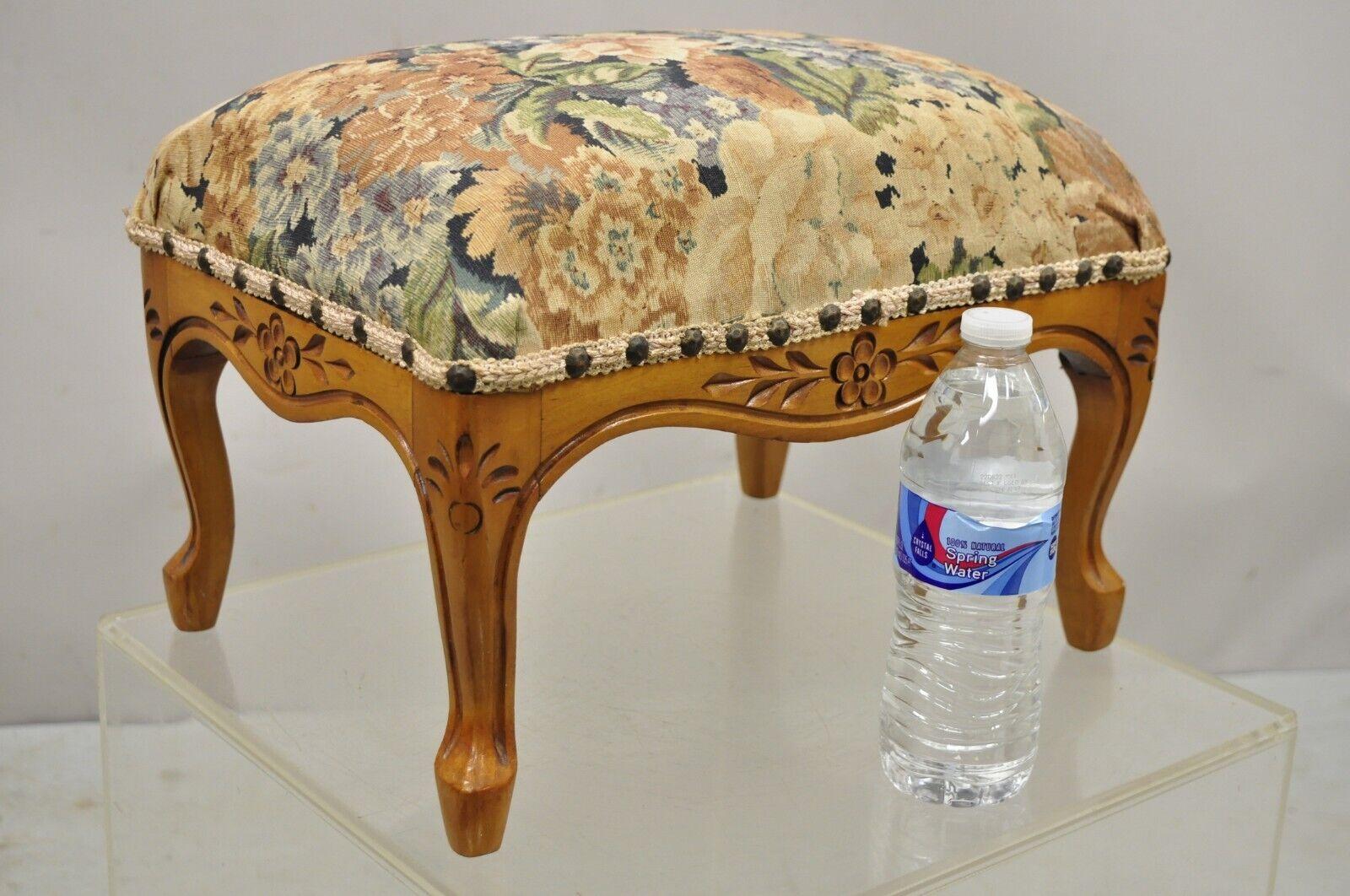 Vtg French Country Provincial Louis XV Style Maple Wood Small Ottoman Footstool 4