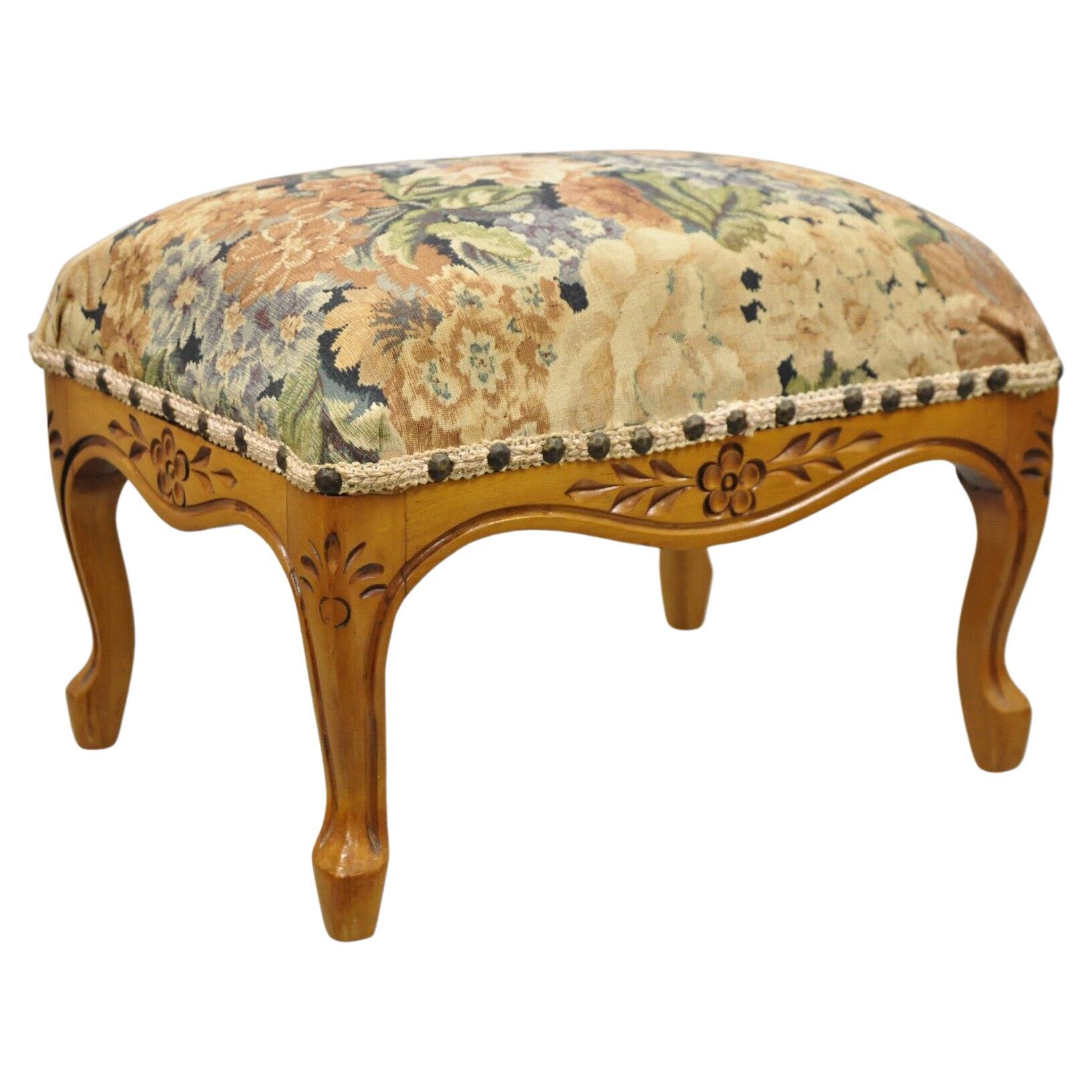 Vtg French Country Provincial Louis XV Style Maple Wood Small Ottoman Footstool