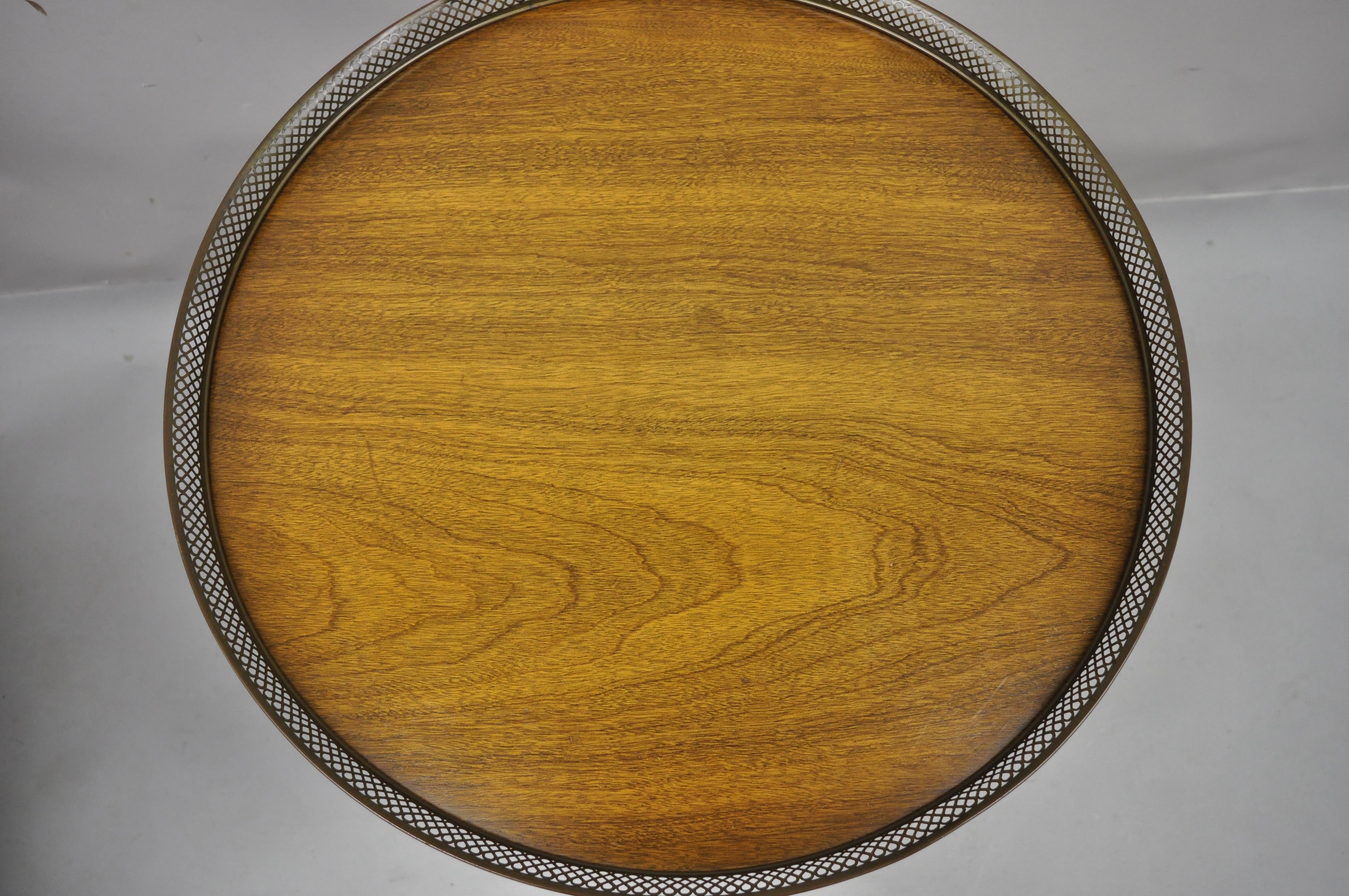 Vtg French Empire Mahogany Pedestal Base Round Accent Center Table Brass Gallery In Good Condition For Sale In Philadelphia, PA