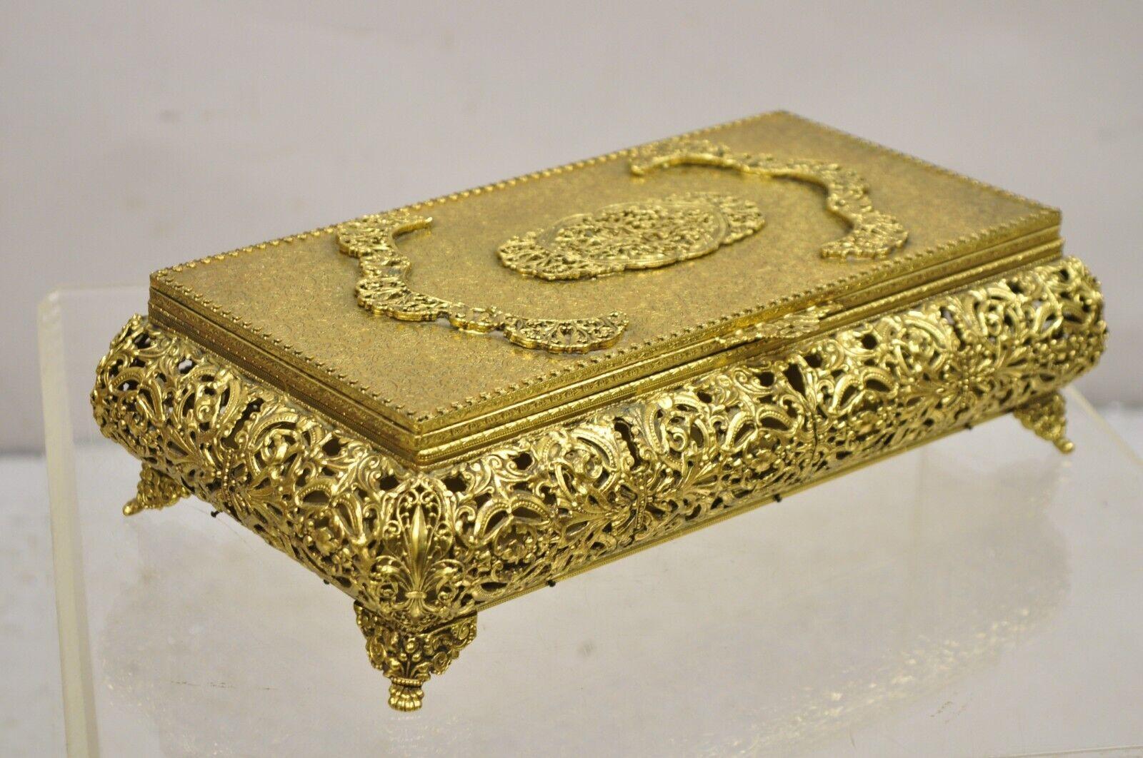 Vtg French Hollywood Regency Style Gold Filigree Vanity Jewelry Box by Globe For Sale 6