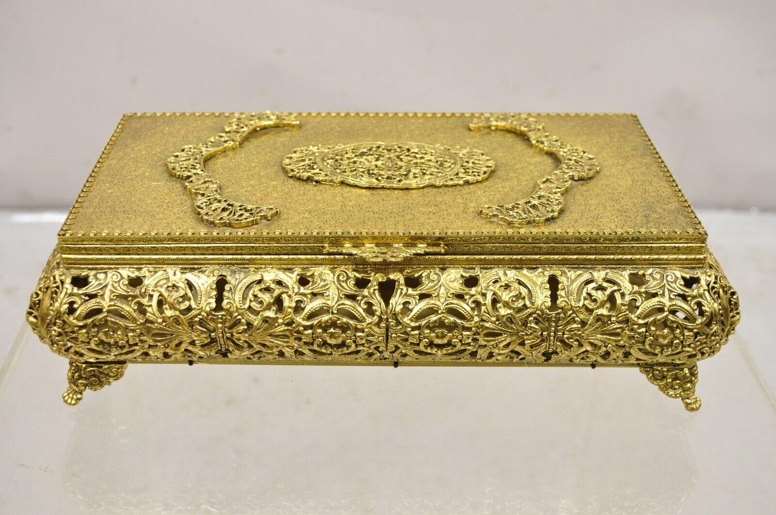 Vtg French Hollywood Regency Style Gold Filigree Vanity Jewelry Box by Globe For Sale 7