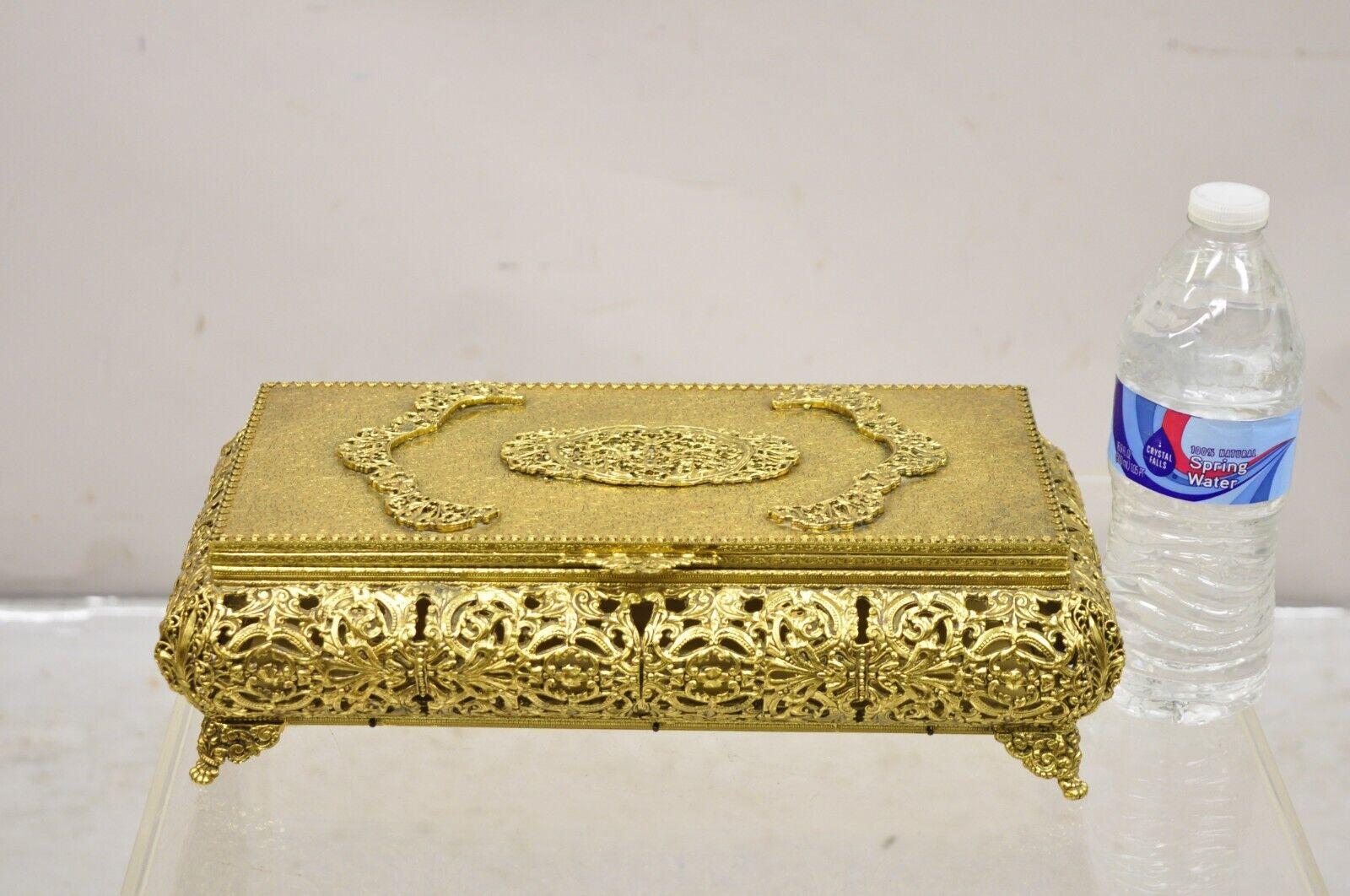 Vtg French Hollywood Regency Style Gold Filigree Vanity Jewelry Box by Globe In Good Condition For Sale In Philadelphia, PA