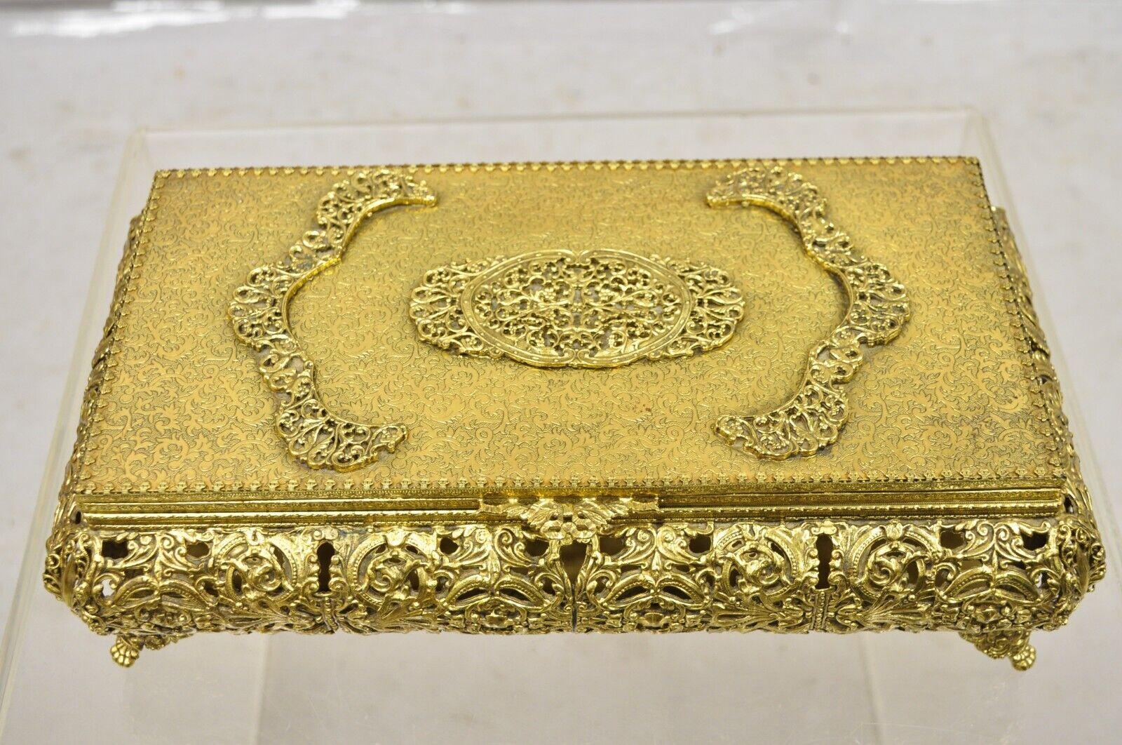 20th Century Vtg French Hollywood Regency Style Gold Filigree Vanity Jewelry Box by Globe For Sale