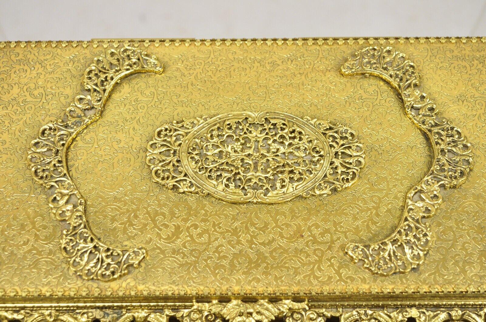 Metal Vtg French Hollywood Regency Style Gold Filigree Vanity Jewelry Box by Globe For Sale