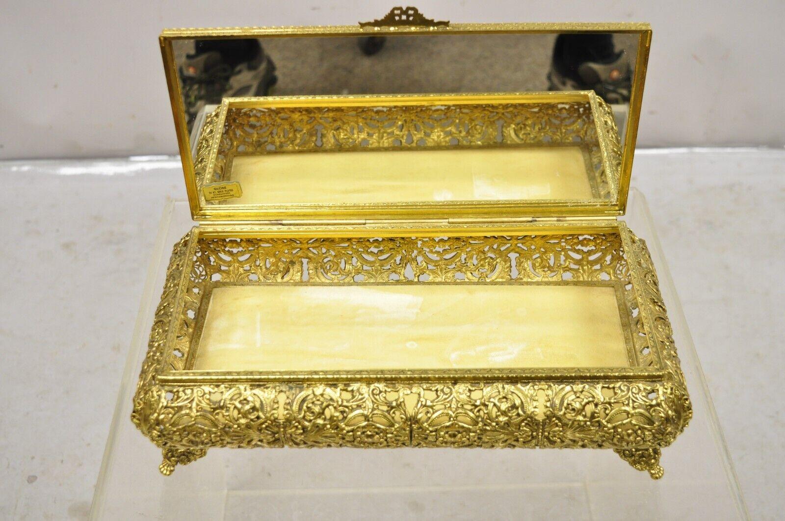 Vtg French Hollywood Regency Style Gold Filigree Vanity Jewelry Box by Globe For Sale 2