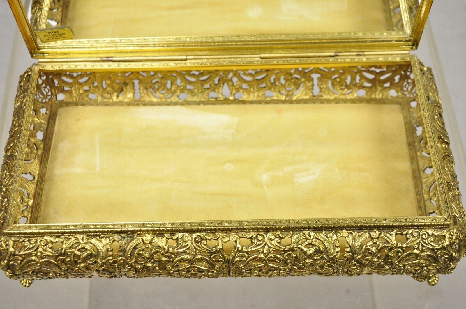 Filigrane Vtg französische Waschtischschmuckkästchen aus Gold im Hollywood-Regency-Stil von Globe im Angebot 2