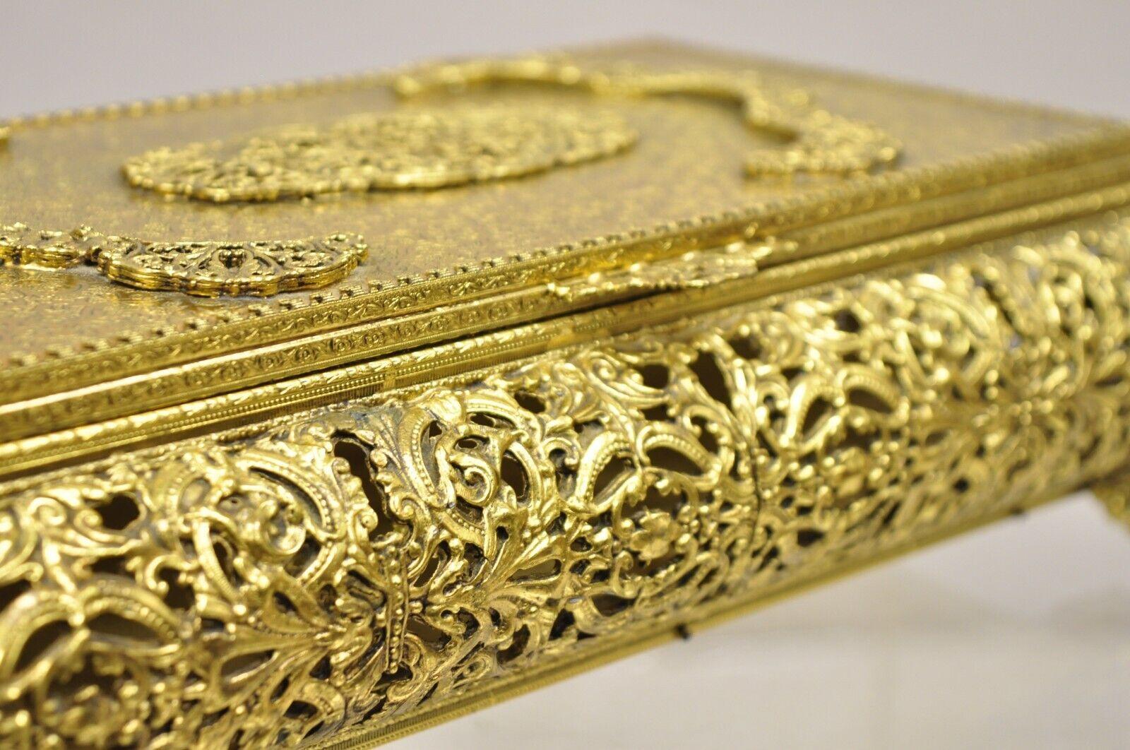 Vtg French Hollywood Regency Style Gold Filigree Vanity Jewelry Box by Globe For Sale 4