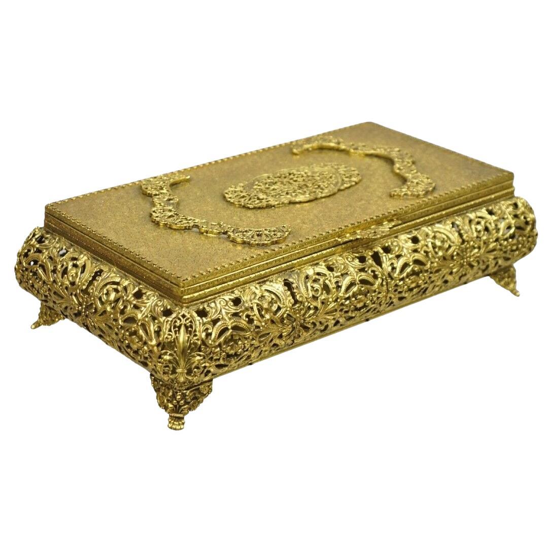 Vtg French Hollywood Regency Style Gold Filigree Vanity Jewelry Box by Globe For Sale