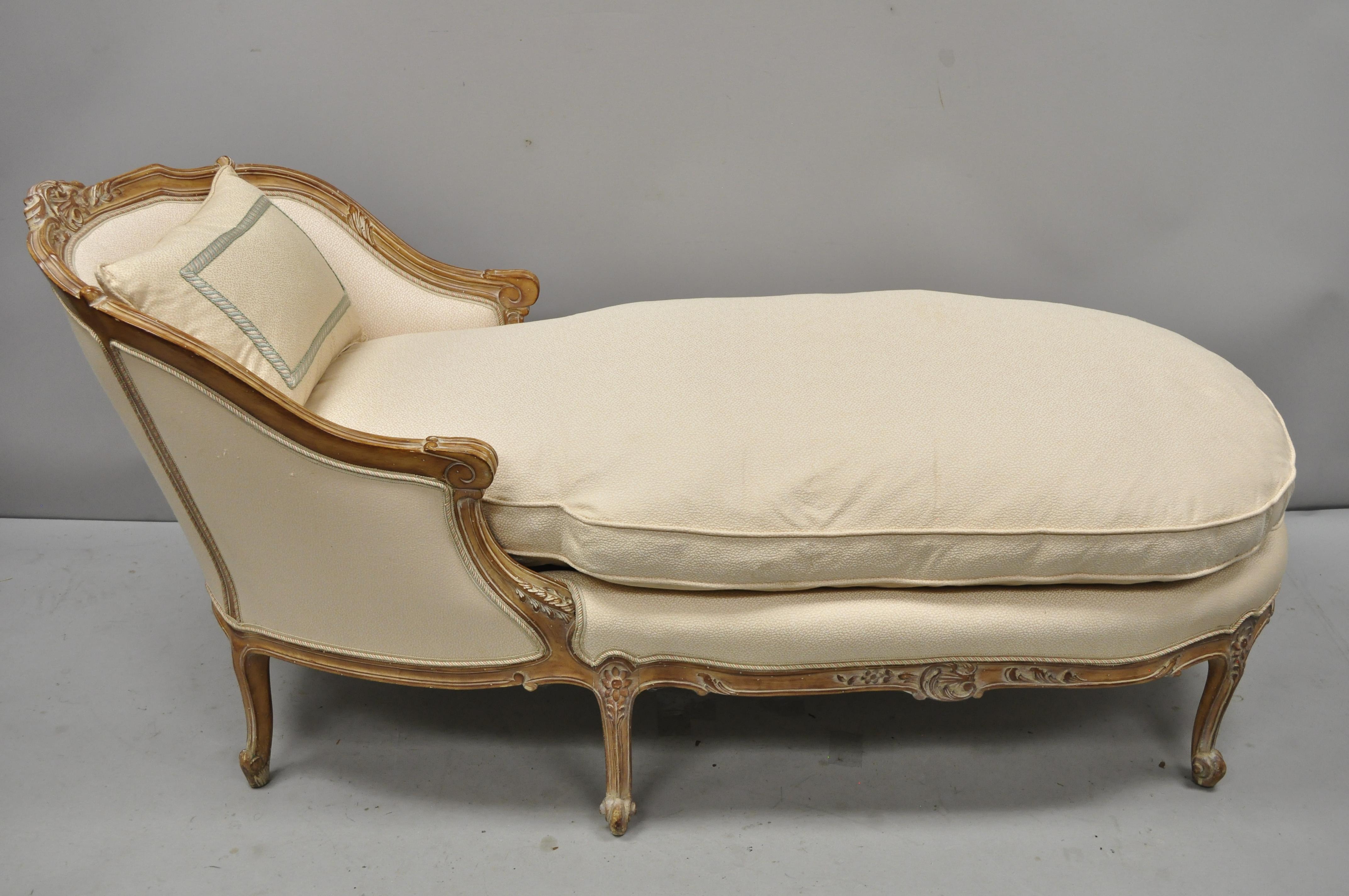 Vintage French Louis XV Style Down Filled Cushion Distress Painted Recamier Chaise Lounge Fainting Couch. Item features down filled cushion, solid wood frame, distress finish, finely carved details, 6 cabriole legs, great style and form. Circa Mid