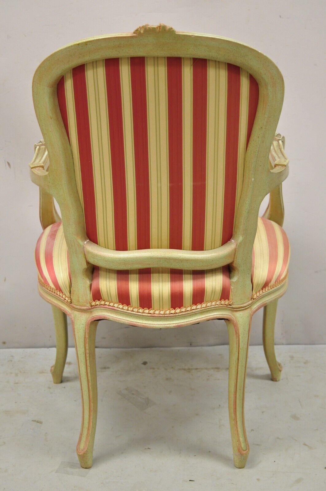 Vtg French Louis XV Style Green & Pink Painted Arm Chair Fauteuil Striped Fabric For Sale 4