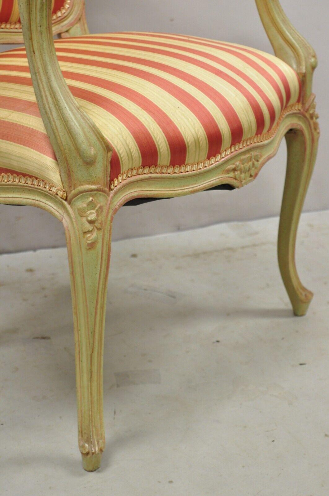 Vtg French Louis XV Style Green & Pink Painted Arm Chair Fauteuil Striped Fabric For Sale 5