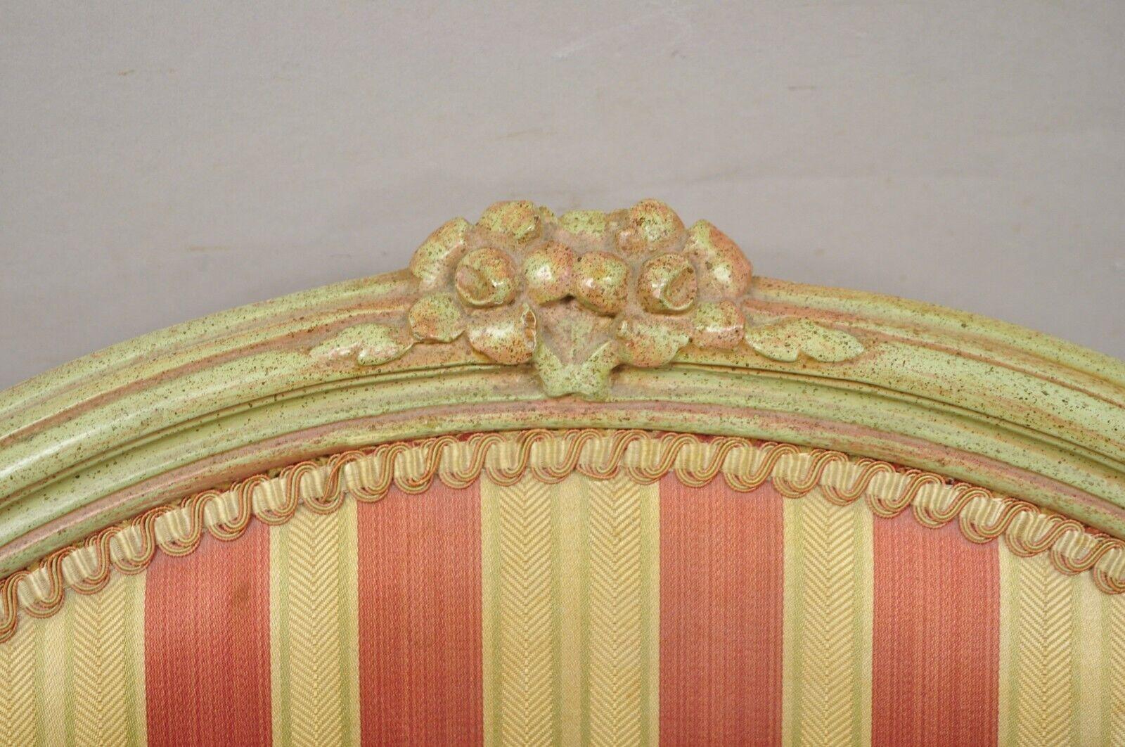 Vtg French Louis XV Style Green & Pink Painted Arm Chair Fauteuil Striped Fabric For Sale 6