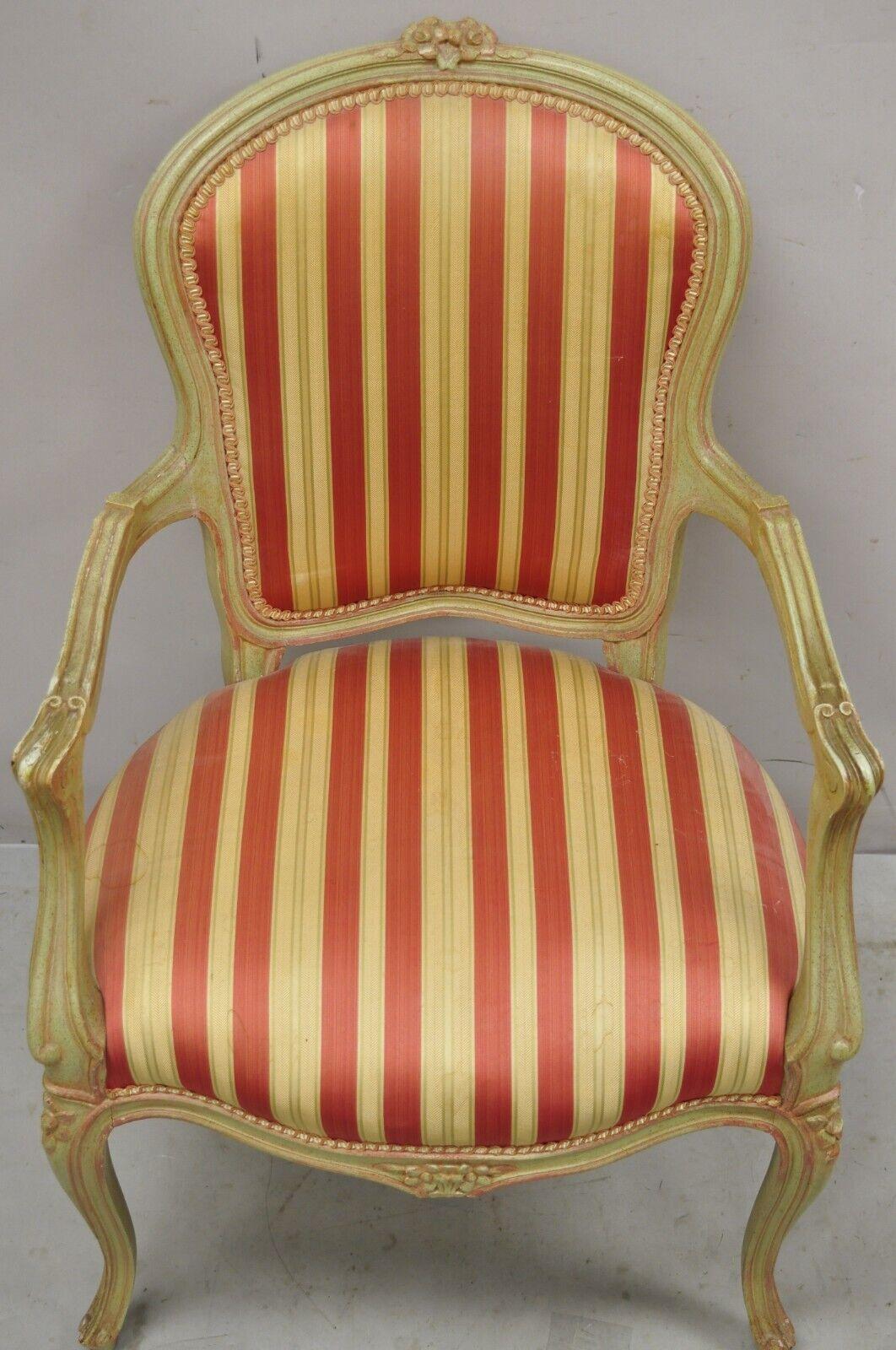 Luigi XV Vtg French Louis XV Style Green & Pink Painted Arm Chair Fauteuil Striped Fabric in vendita