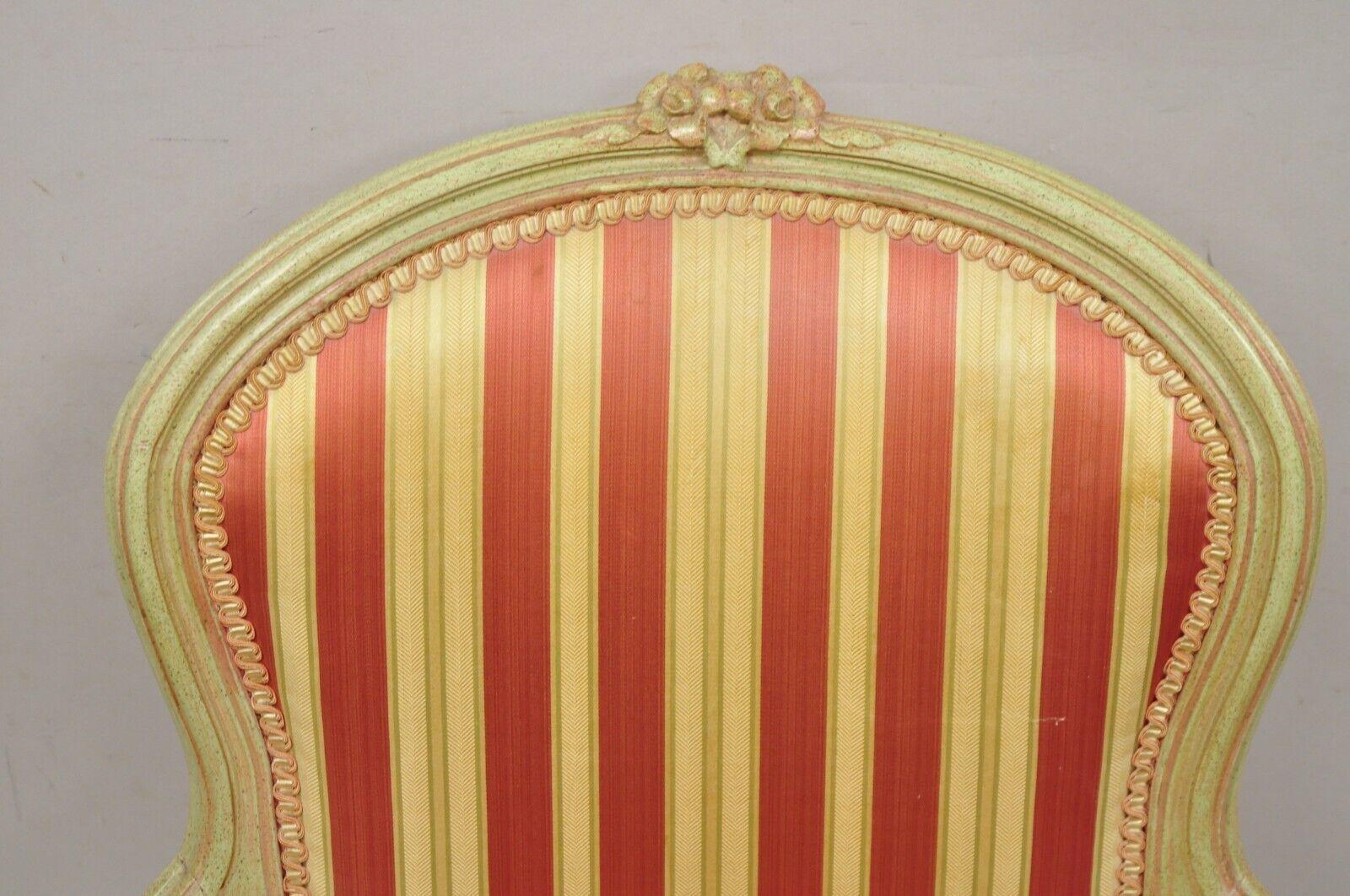Vtg French Louis XV Style Green & Pink Painted Arm Chair Fauteuil Striped Fabric In Good Condition For Sale In Philadelphia, PA