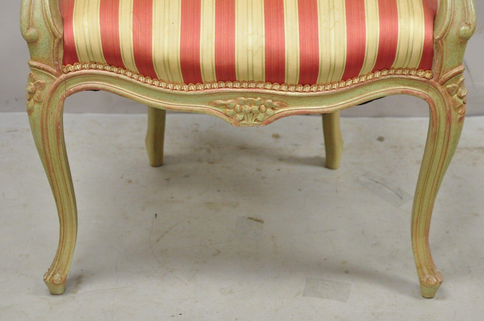 20th Century Vtg French Louis XV Style Green & Pink Painted Arm Chair Fauteuil Striped Fabric For Sale