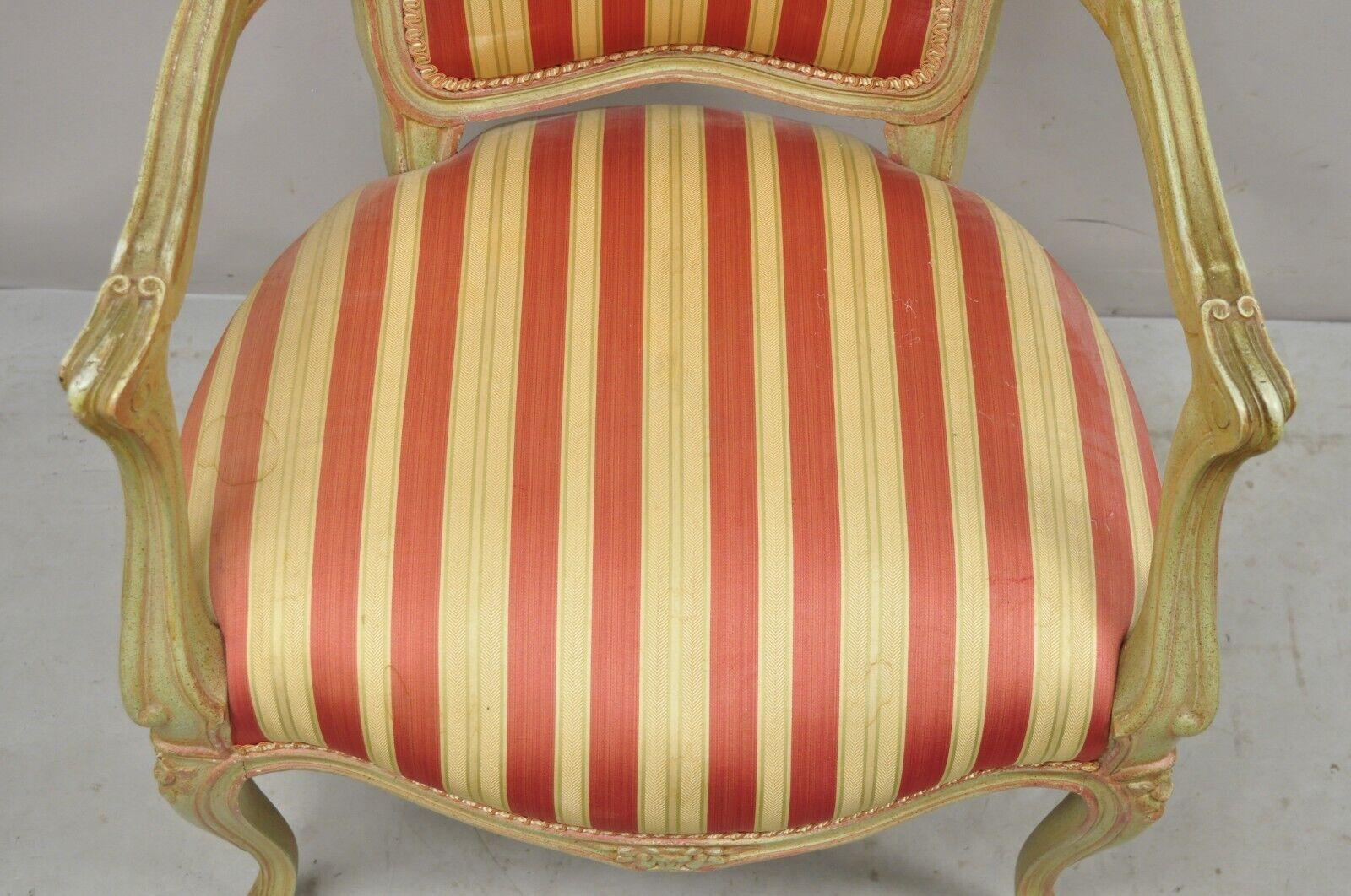 Wood Vtg French Louis XV Style Green & Pink Painted Arm Chair Fauteuil Striped Fabric For Sale