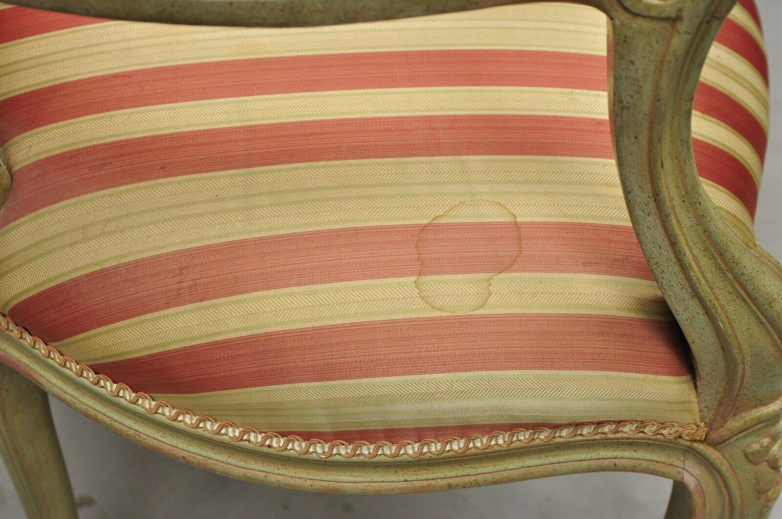 Vtg French Louis XV Style Green & Pink Painted Arm Chair Fauteuil Striped Fabric For Sale 2