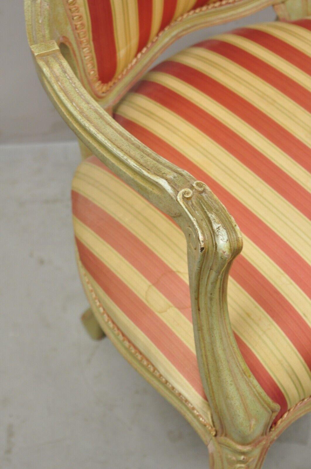 Vtg French Louis XV Style Green & Pink Painted Arm Chair Fauteuil Striped Fabric For Sale 3