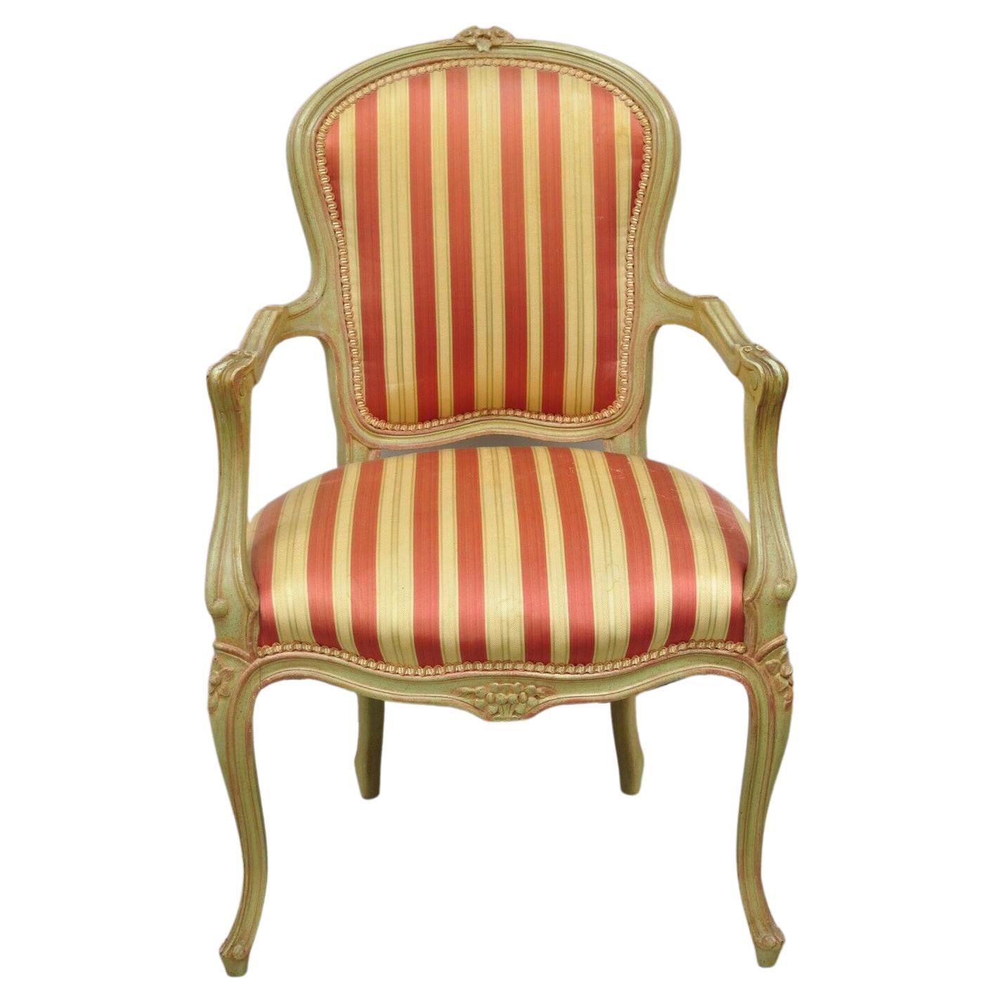 Vtg French Louis XV Style Green & Pink Painted Arm Chair Fauteuil Striped Fabric