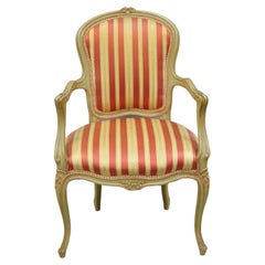 Vtg French Louis XV Style Green & Pink Painted Arm Chair Fauteuil Striped Fabric