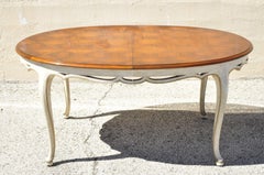 Vtg French Louis XV Style Provincial Parquetry Inlay Oval Dining Table 3 Leaves