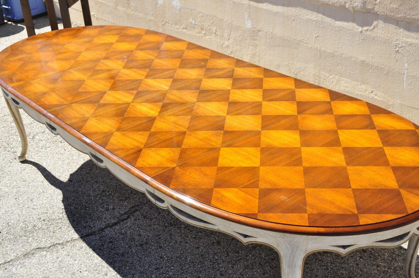 Vtg French Louis XV Style Provincial Parquetry Inlay Oval Dining Table 3 Leaves 1